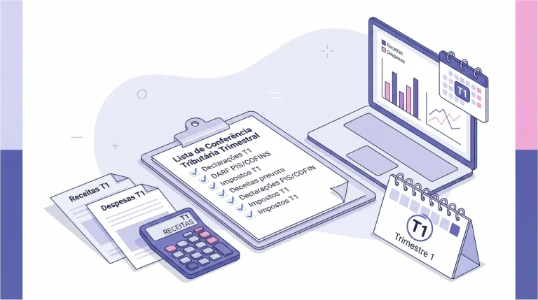 Checklist de conferência tributária trimestral com documentos fiscais, declarações T1 e análise de receitas e despesas